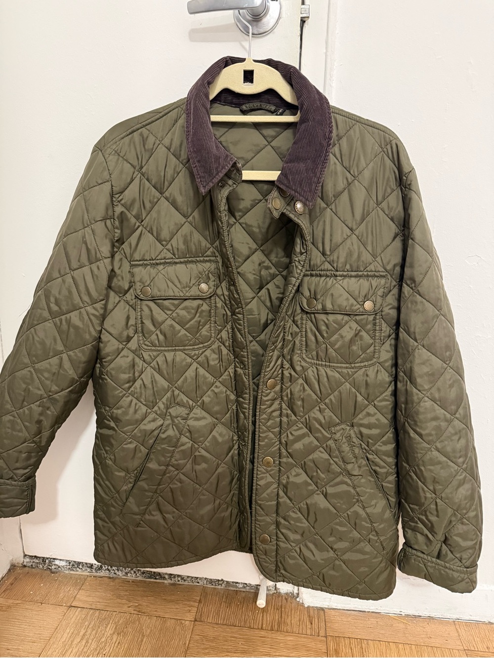 Barbour Olive Green Quilted Jacket with Brown Corduroy Collar